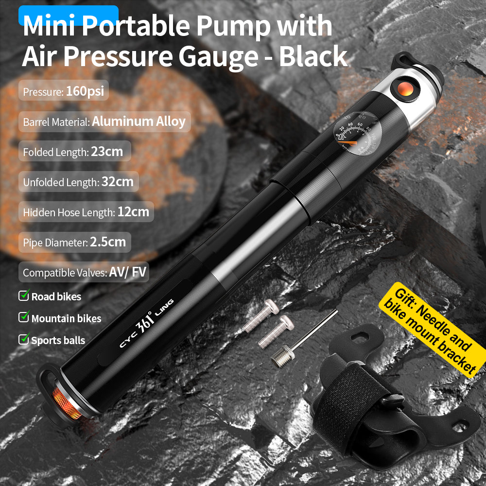 361° YQ-MBP-03 Mini Portable Air Pump With Air Pressure Gauge 160PSI