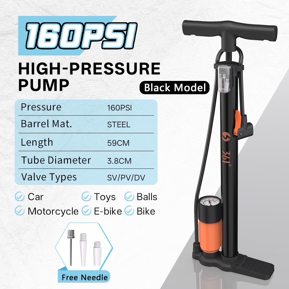 361° YQ-38QB 160PSI High Pressure Floor Pump With Gauge
