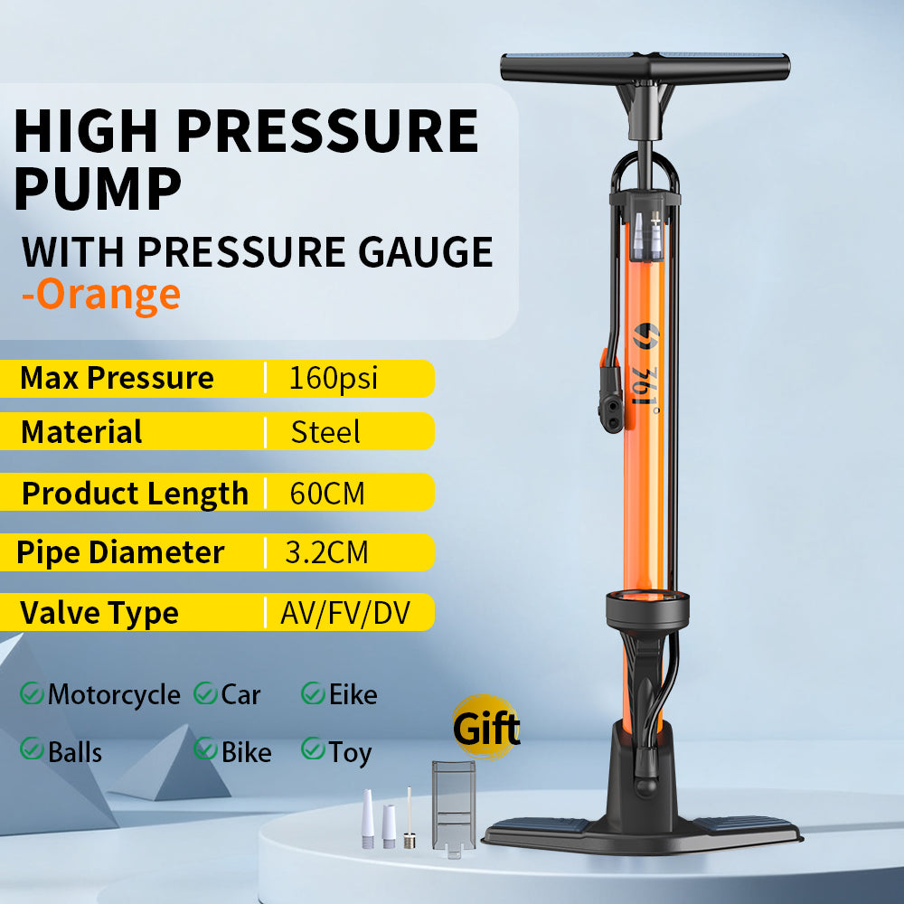 361° YQ-6632N 160PSI High Pressure Bike Floor Pump with Gauge